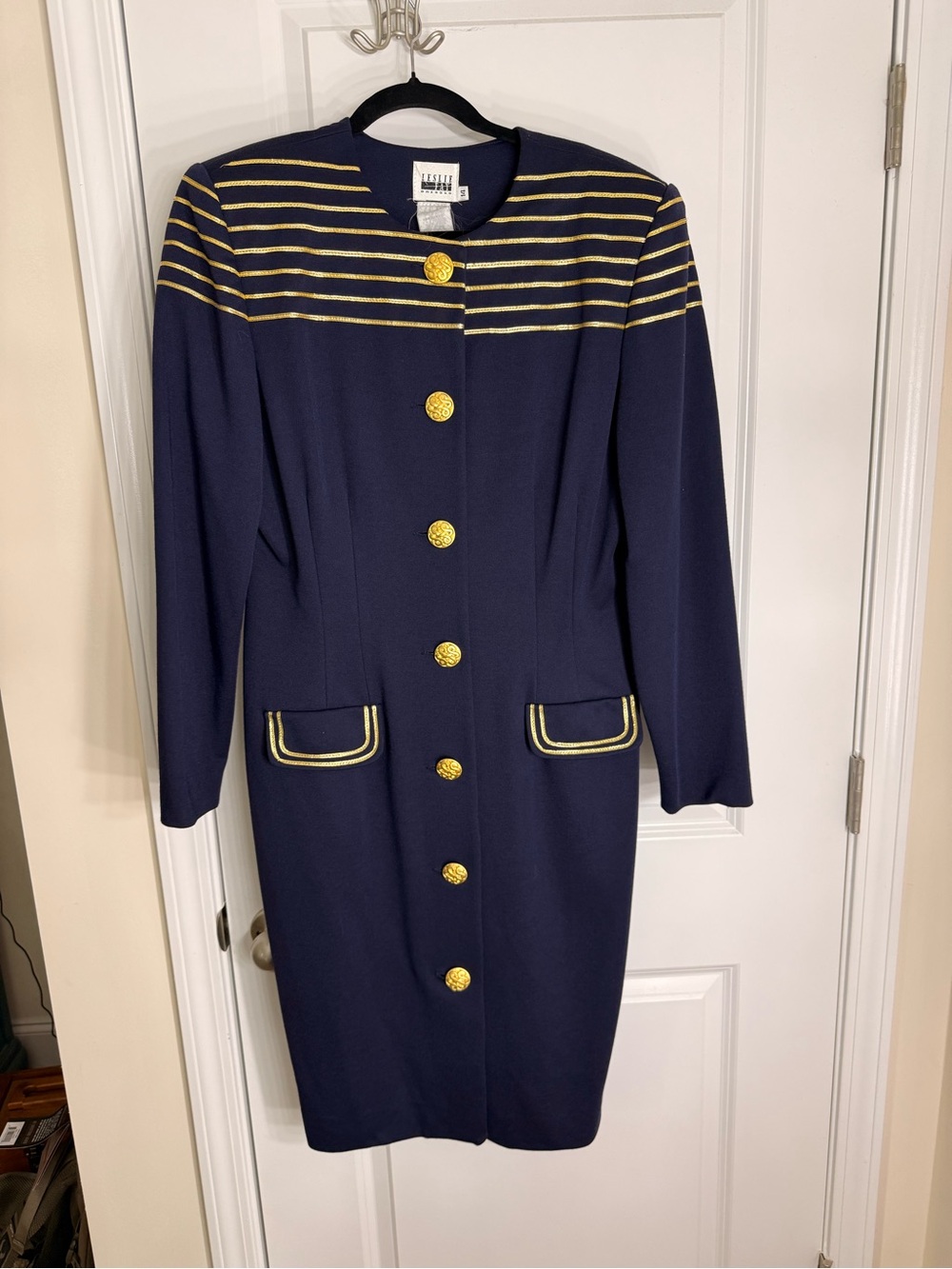 Leslie Fay Navy Dress with Gold Trim and Buttons